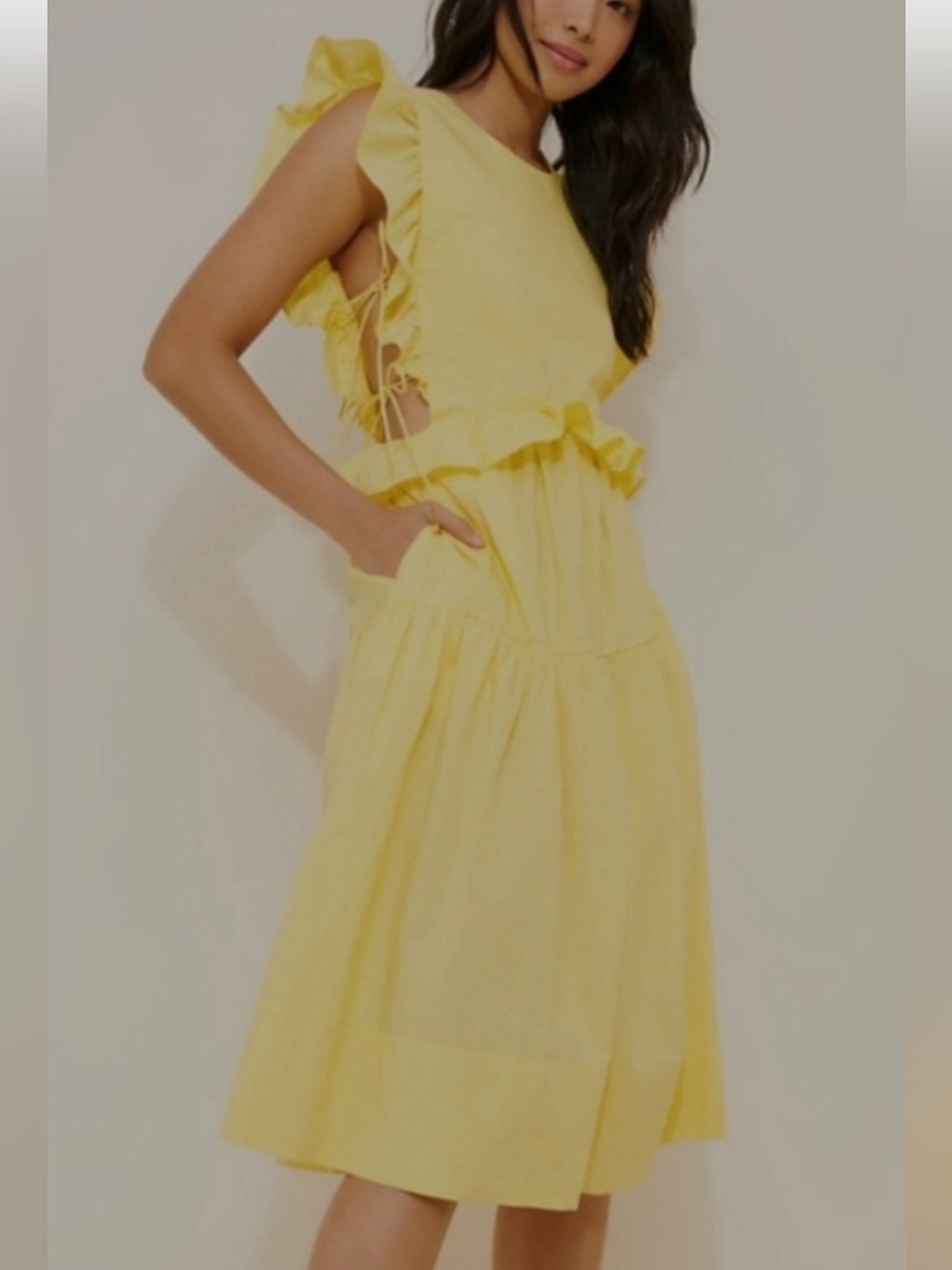 Alinna Liu Yellow Lace-Up Gathered Dress